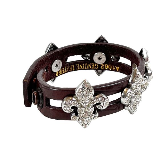 Brown Leather Bracelet w Rhinestone Fleur De Lis Rocker Chic Double Row Station - Picture 2 of 10
